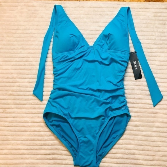 NWT DKNY Donna Karen Maillot Halter Plunge Ruxhed One piece Swimsuit size 12 LRG - Picture 1 of 7